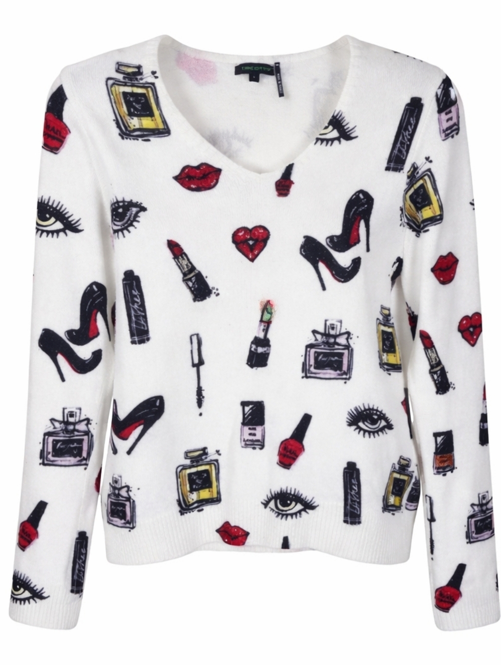 Graphic Print Soft Pullover‎ Sweater S White V-Neck Artsy Embellished Beauty